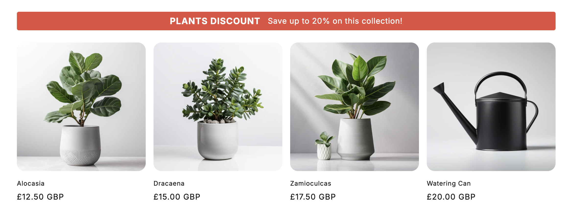 Collection page with red banner displaying 'PLANTS DISCOUNT Save up to 20% on this collection!'