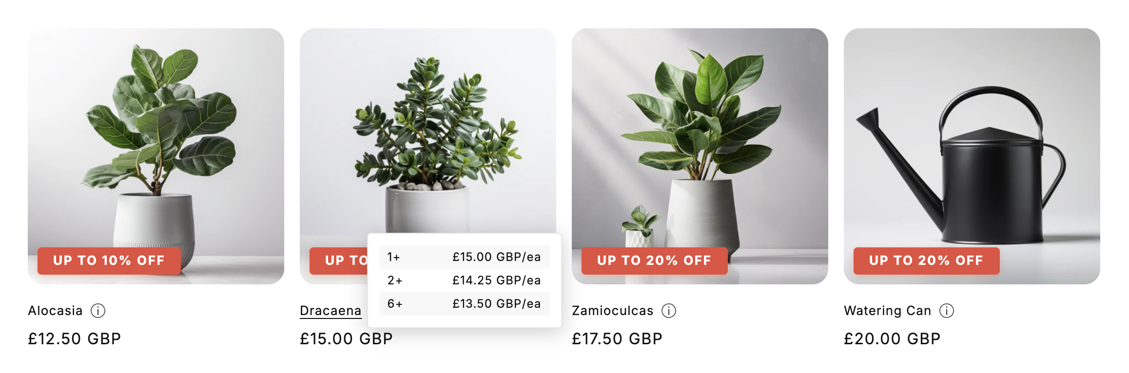 Product with info icon next to title and volume pricing popup showing quantity tiers and discounted prices