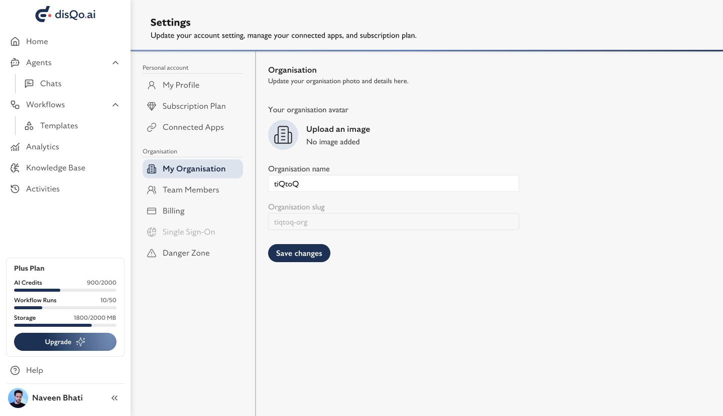 Settings Organisation My Org