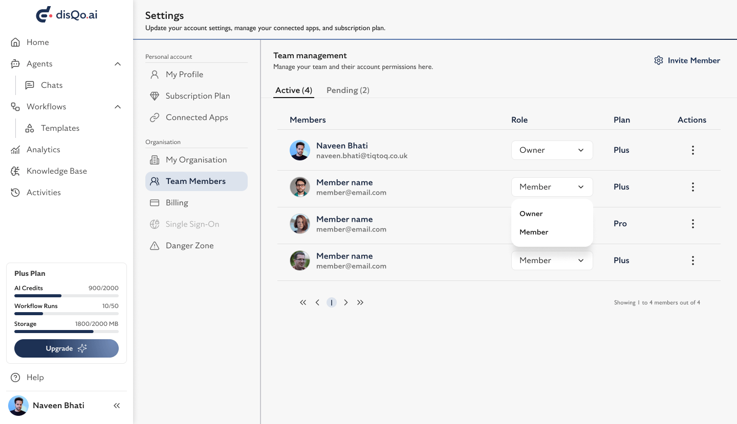 Settings Team Members