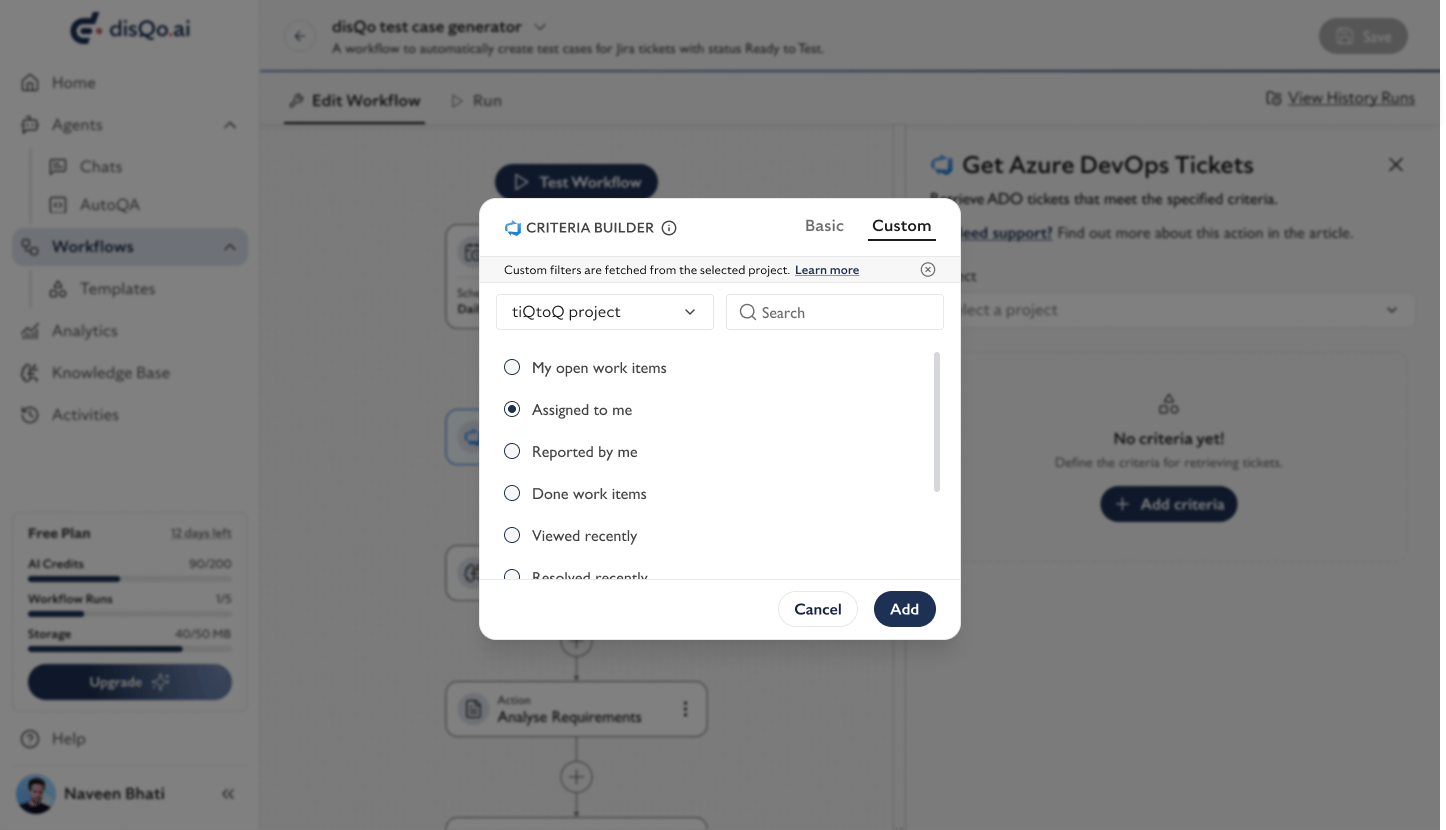 Workflow ADO Tickes Selected