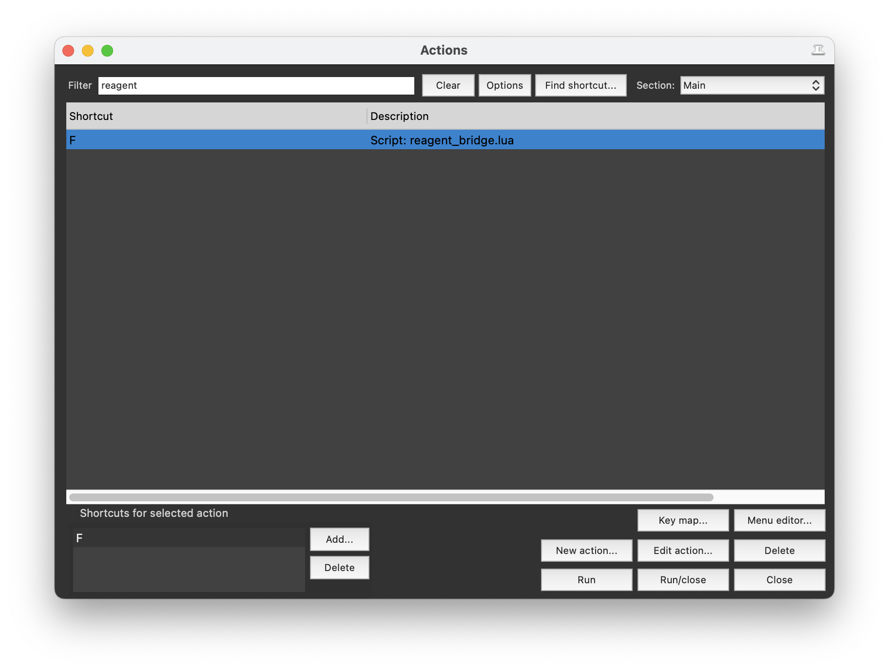 Finding the reagent_bridge action in REAPER's action list