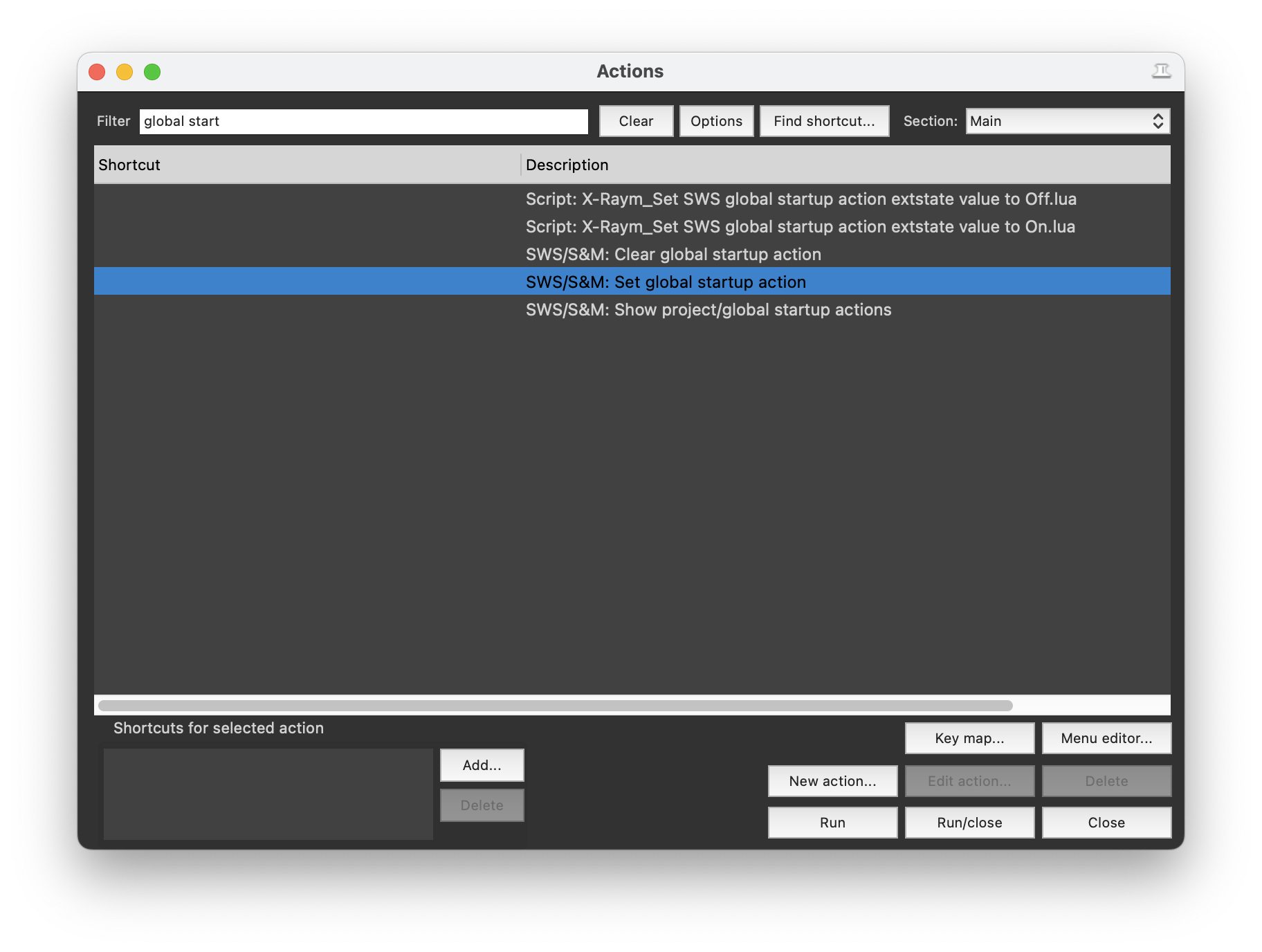 Opening SWS global startup action settings