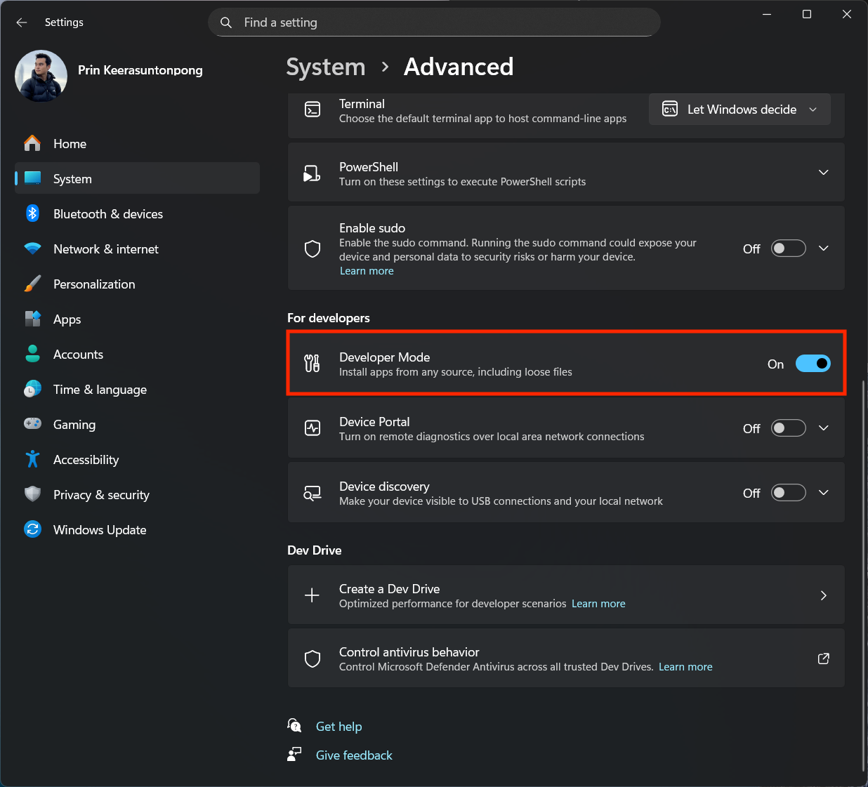 Windows Developer Mode toggle