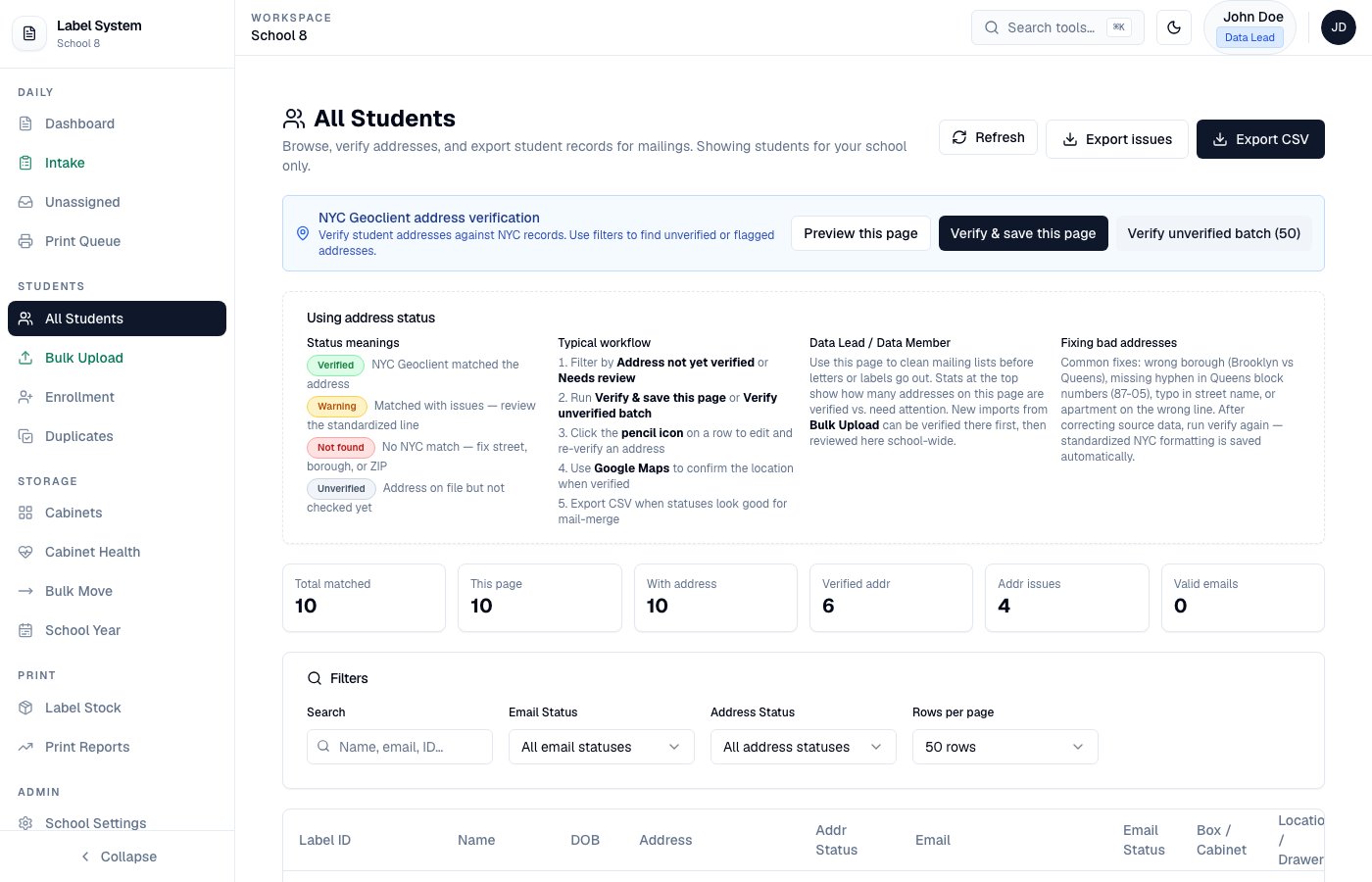 Admin All Students page with address status badges