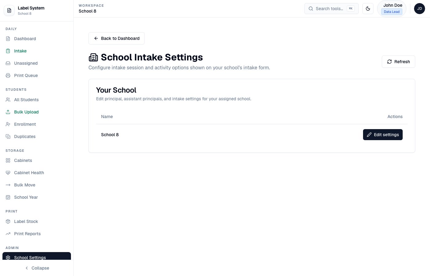 Edit School form with intake form settings