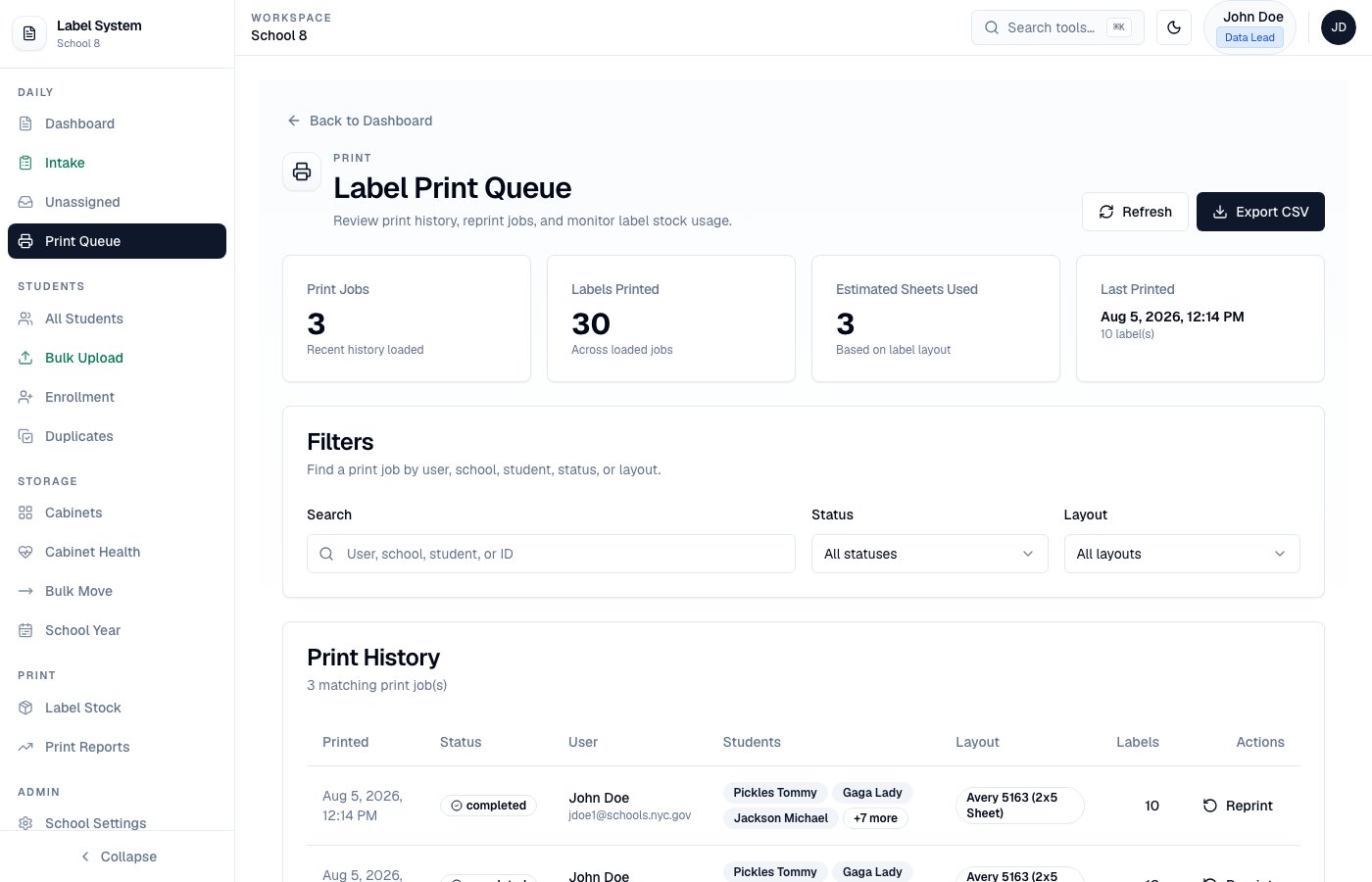 Label Print Queue page for batch Avery label printing
