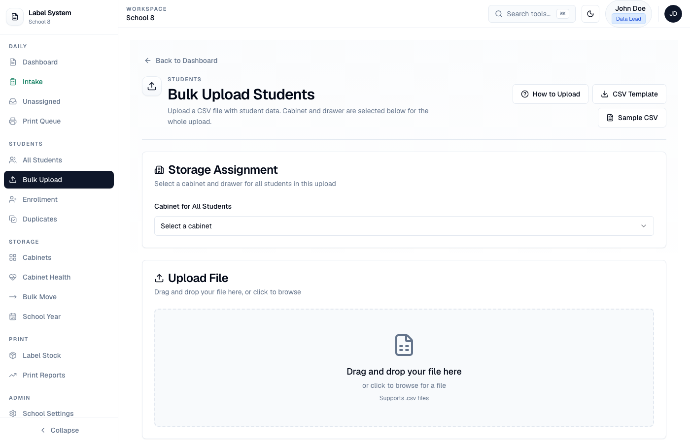 Bulk Upload page with storage assignment and file drop zone