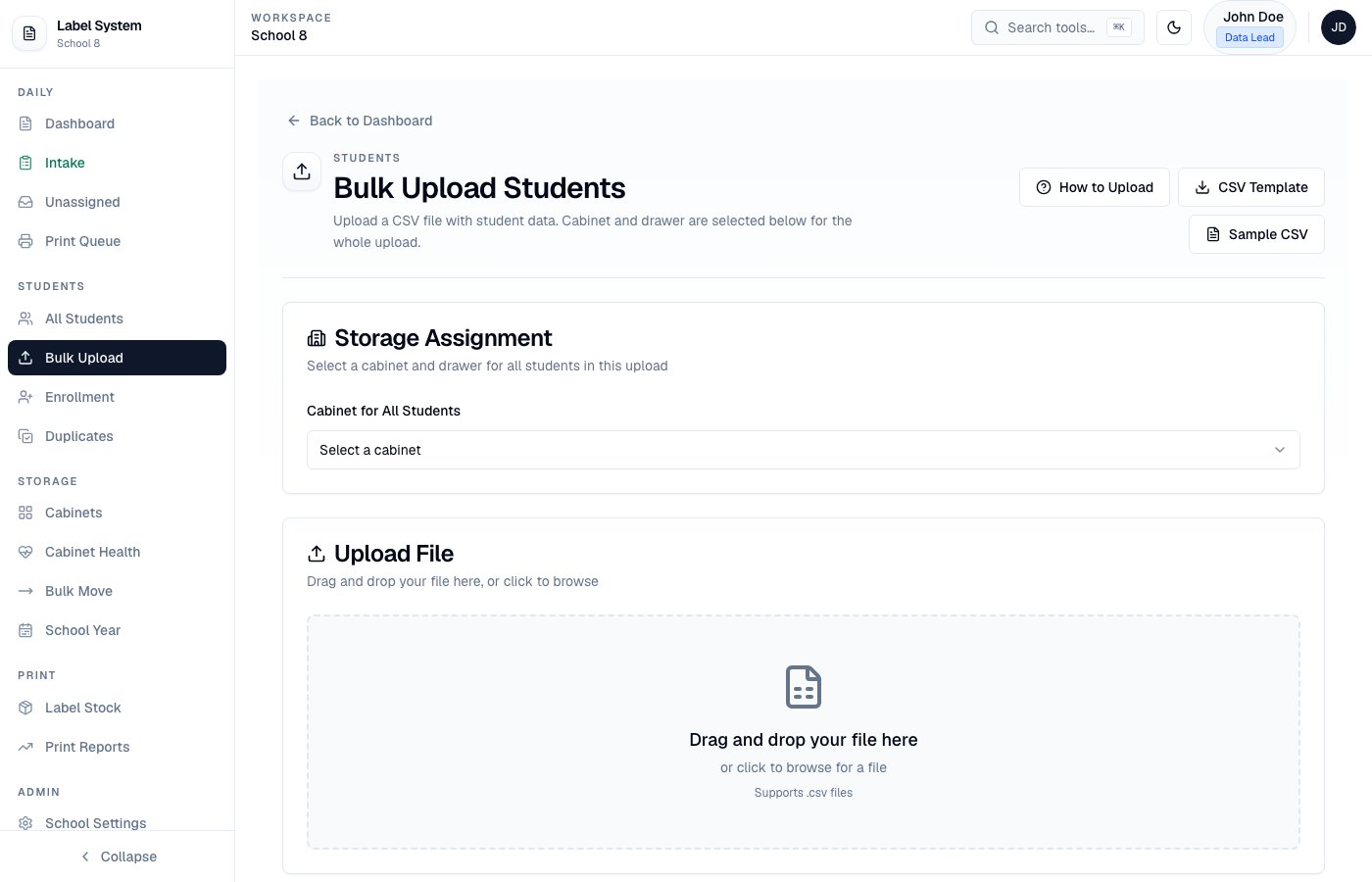 Bulk Upload page with storage assignment and file drop zone