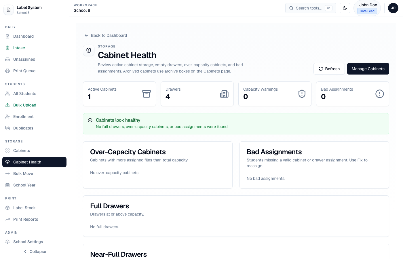 Cabinet Health admin page