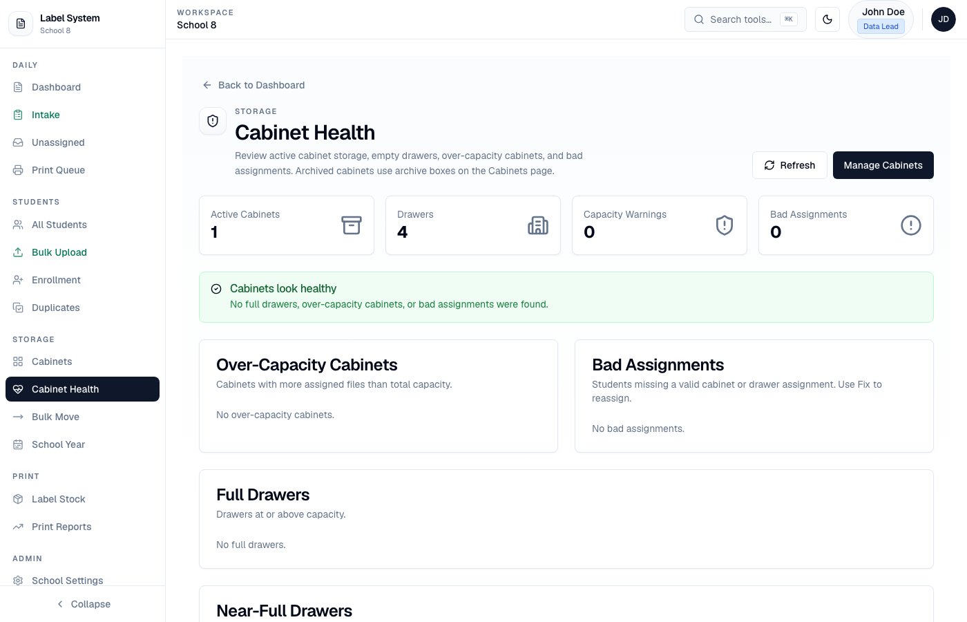 Cabinet Health admin page