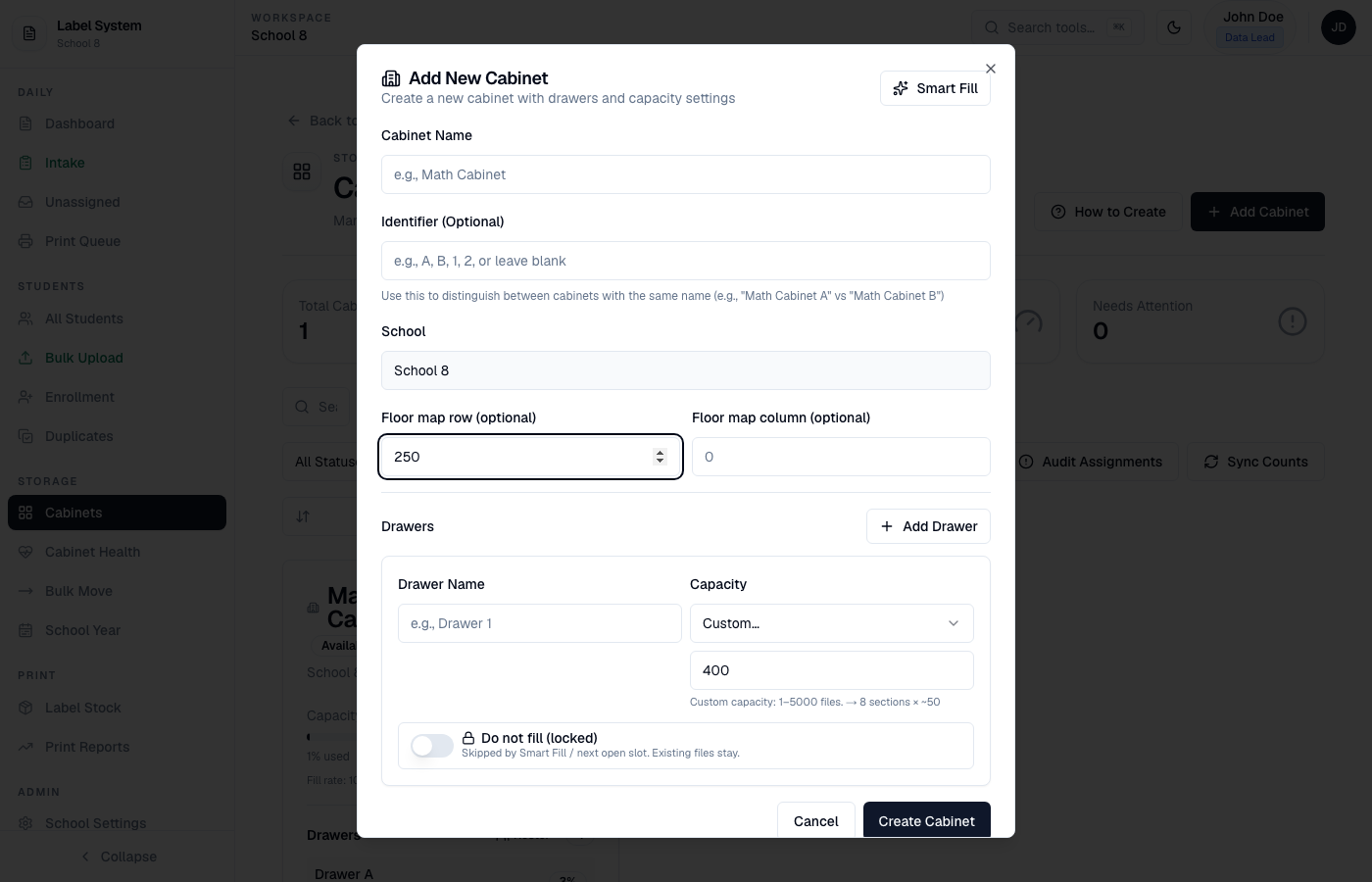 Add New Cabinet dialog with Custom capacity selected and 250 files entered