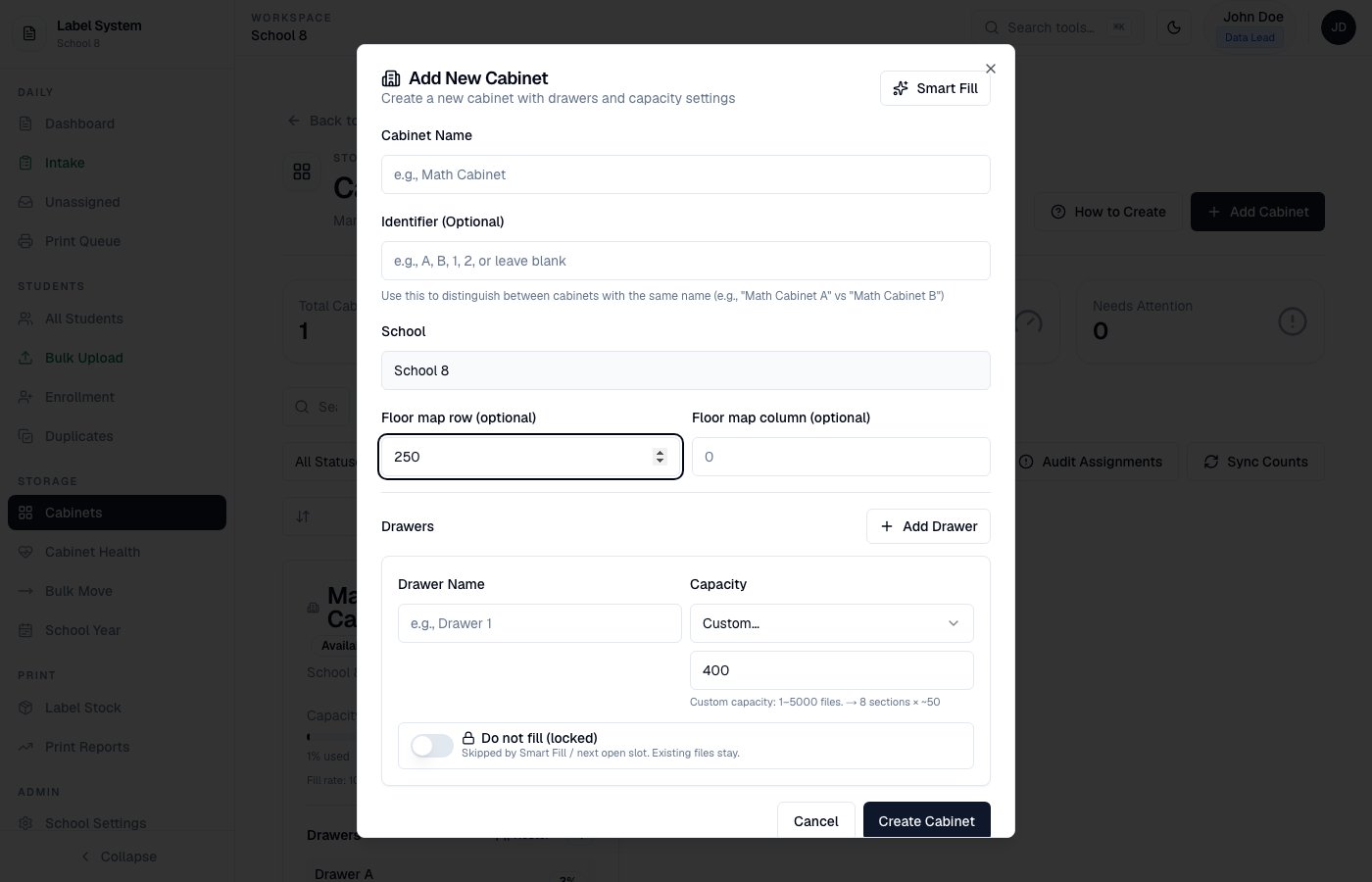 Add New Cabinet dialog with Custom capacity selected and 250 files entered
