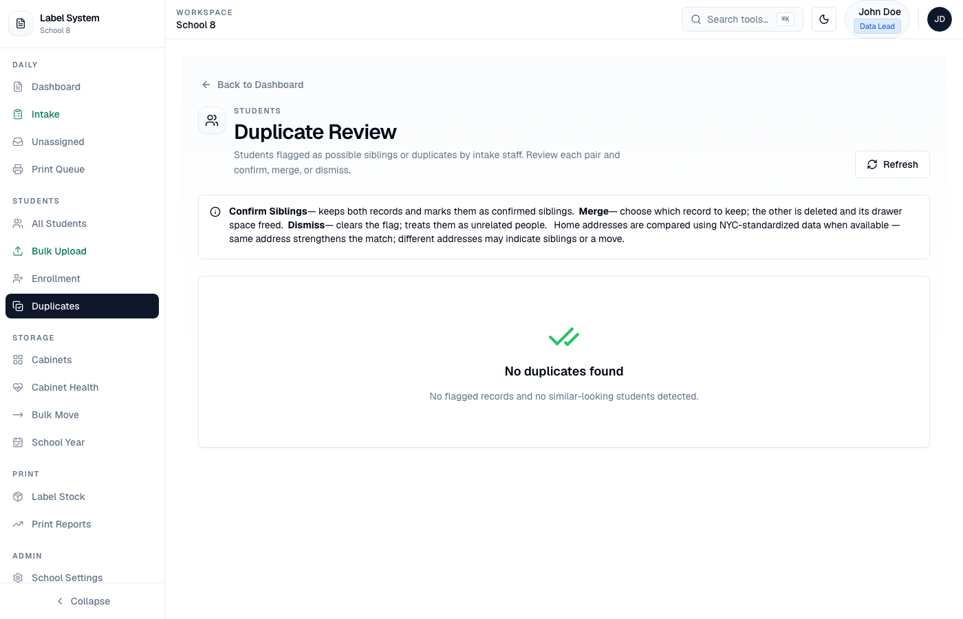 Duplicate Review Live students tab with confirm, merge, and dismiss actions