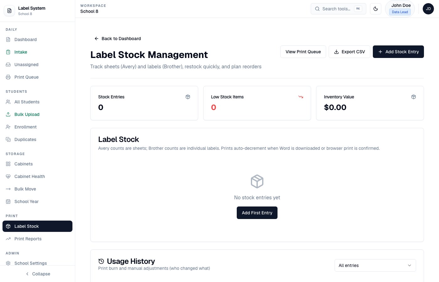 Label Stock Management admin page