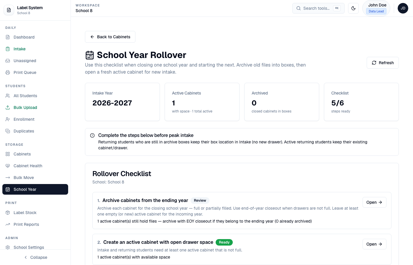 School Year Rollover page with checklist and ready status
