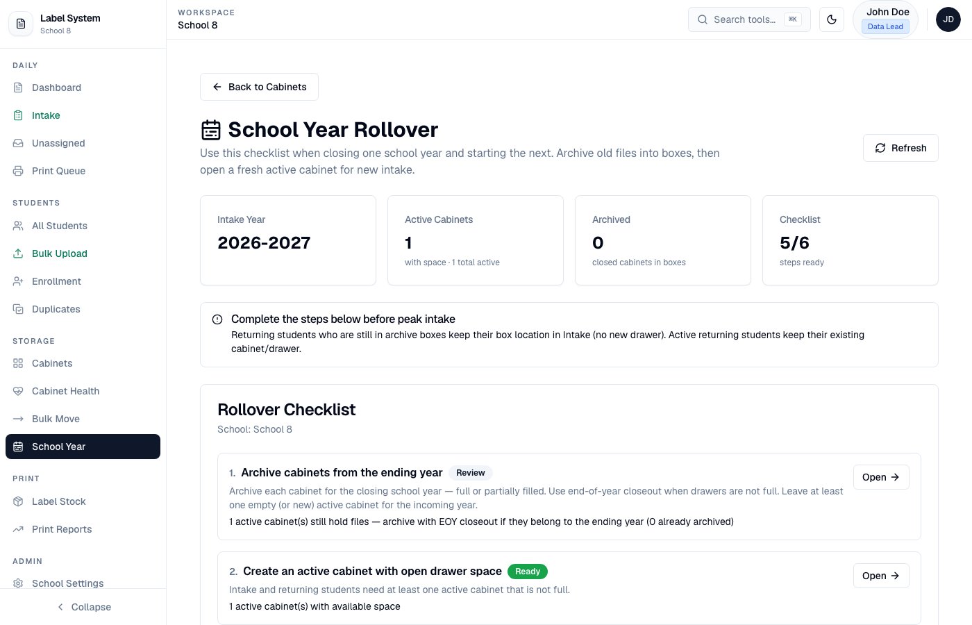 School Year Rollover page with checklist and ready status