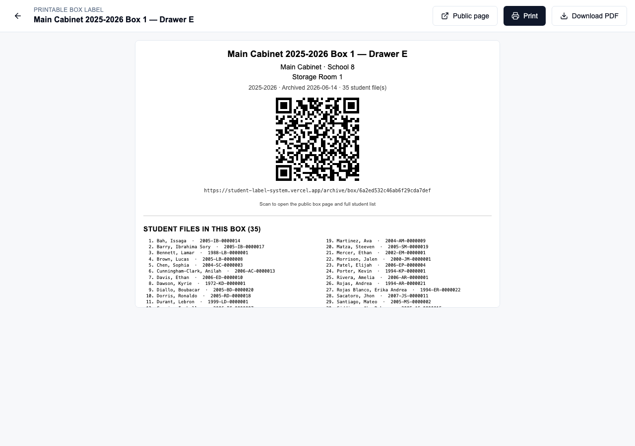Printable archive box label with QR code linking to the public box page