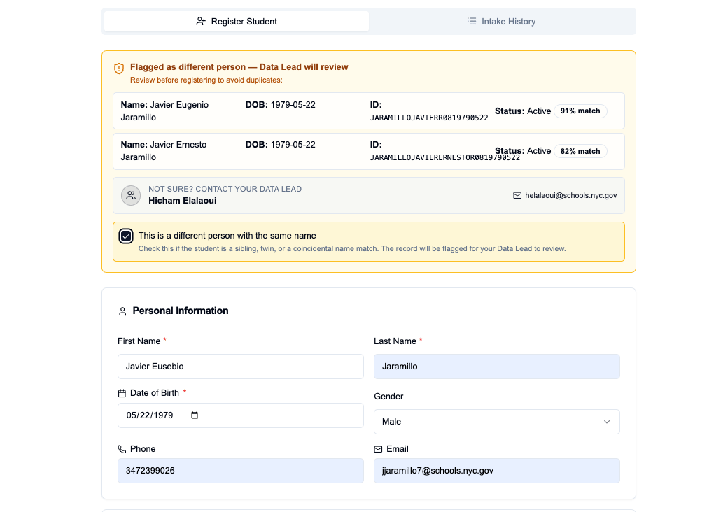 Intake duplicate alert with match scores and sibling flag checkbox