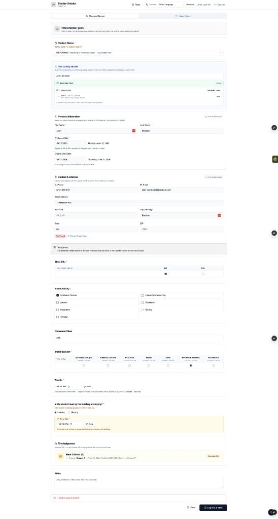 Returning student intake with visit history and locked personal information