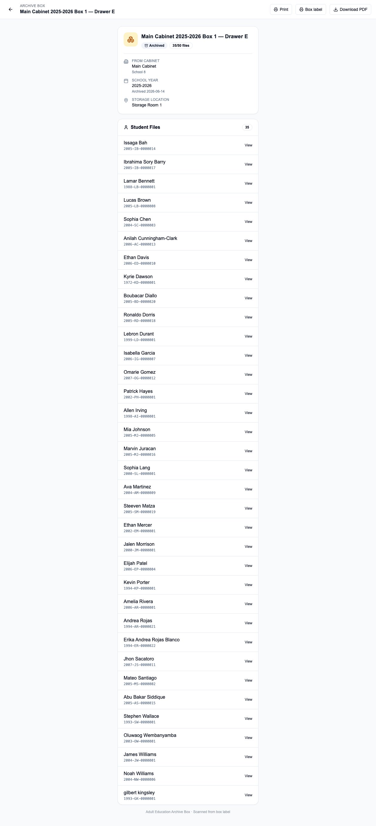 Public archive box page listing student files and storage location