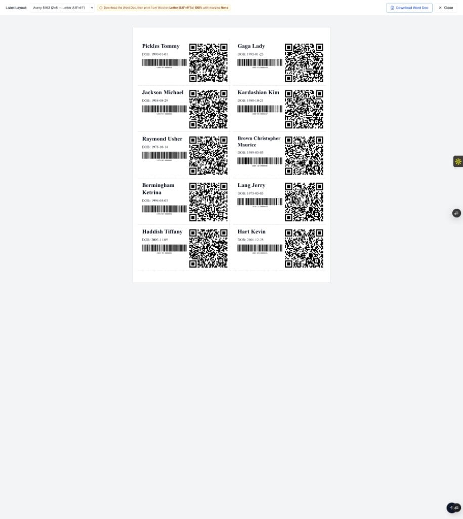 Avery 5163 label sheet preview with ten student labels