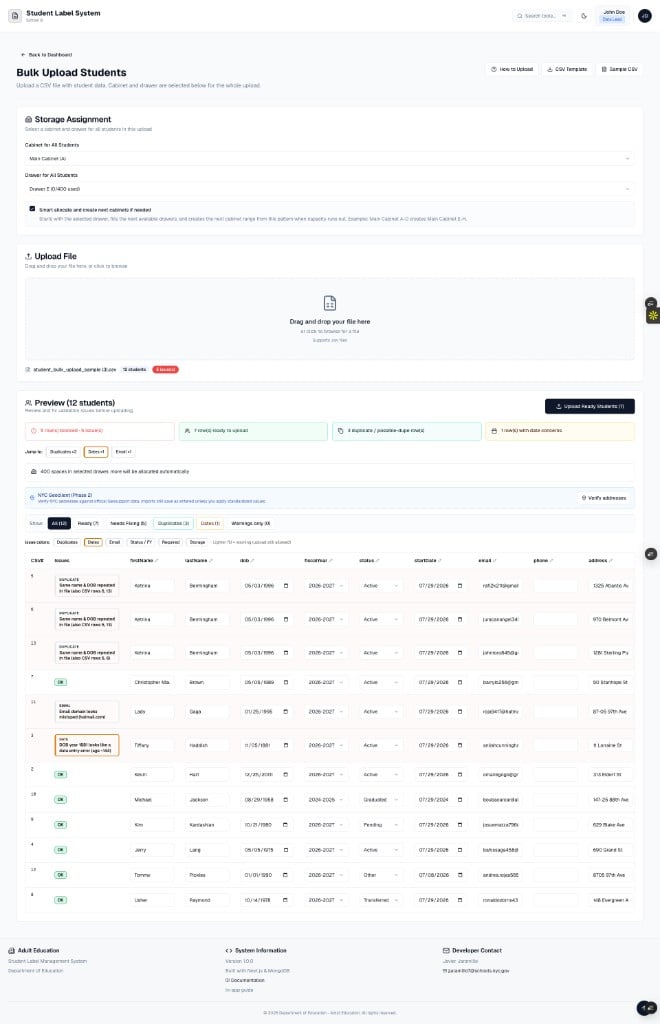 Bulk upload preview table with OK badges, date fields, and remove controls