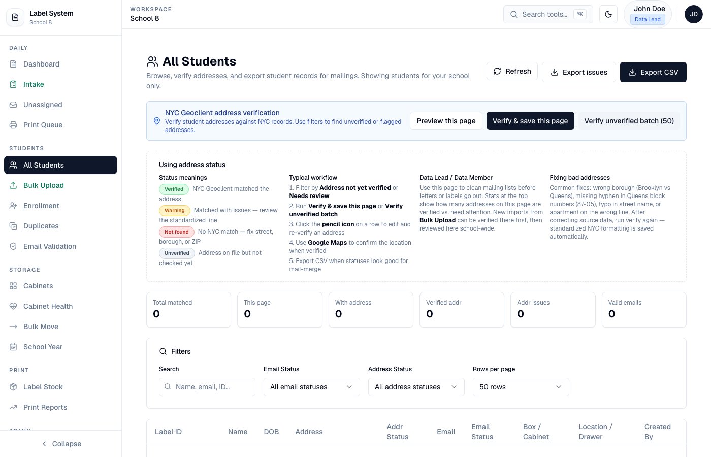 Admin All Students table with address verification tools