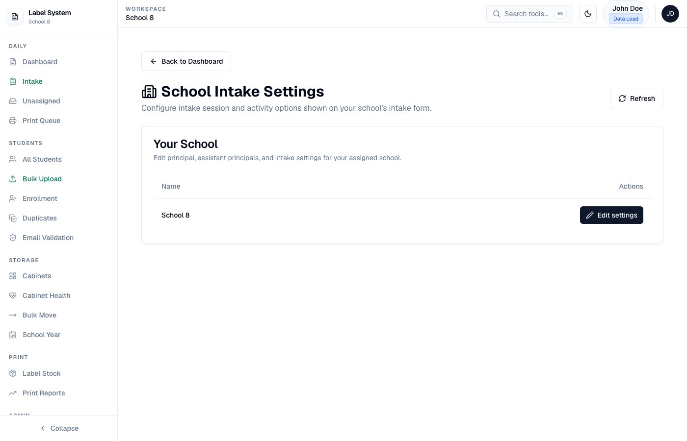Edit School form with intake form settings