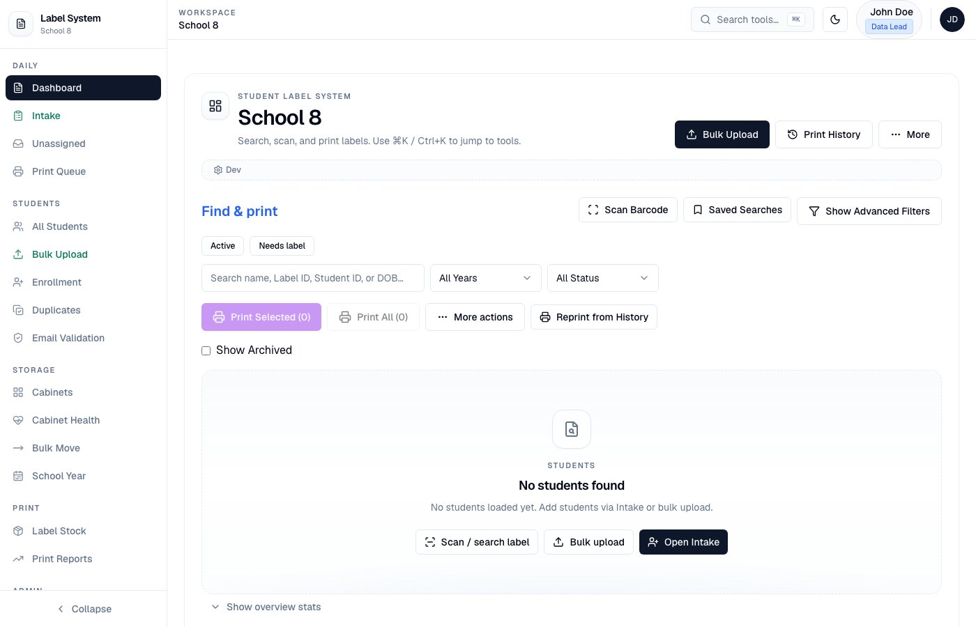 Student Label System with left navigation sidebar and dashboard content