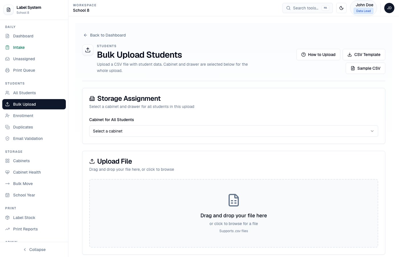 Bulk Upload page with storage assignment and file drop zone