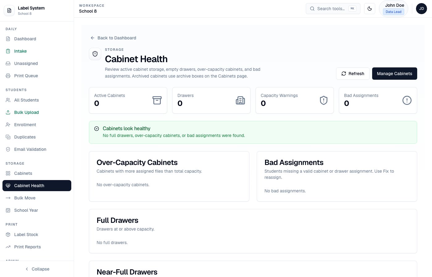 Cabinet Health admin page