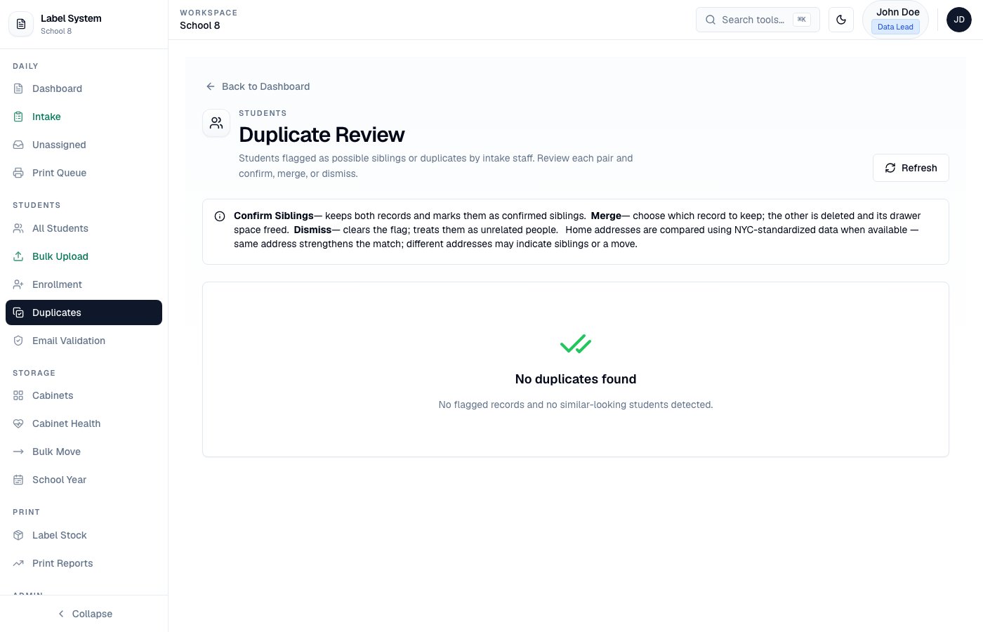 Duplicate Review page with confirm, merge, and dismiss guidance