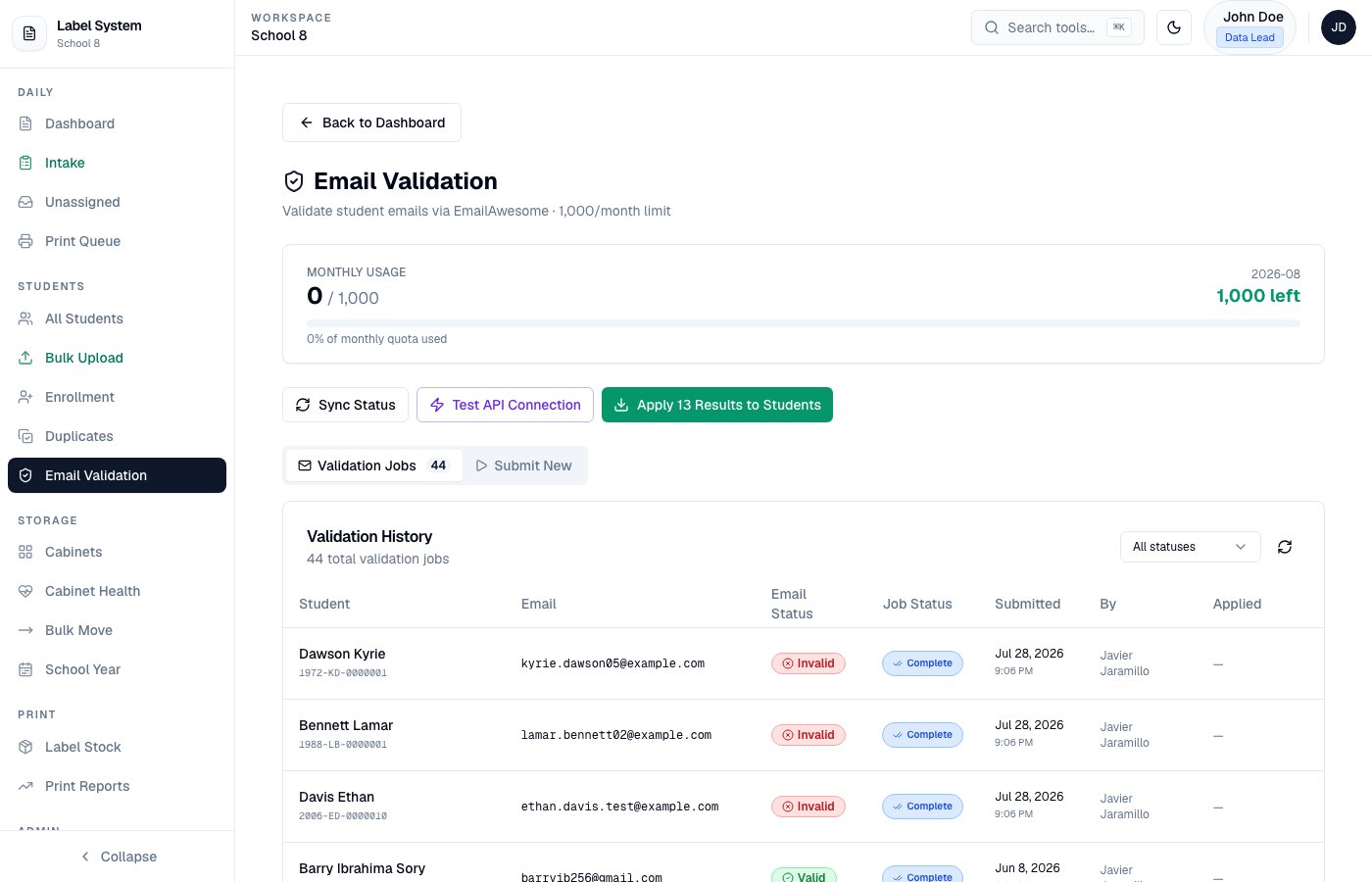 Email Validation admin page