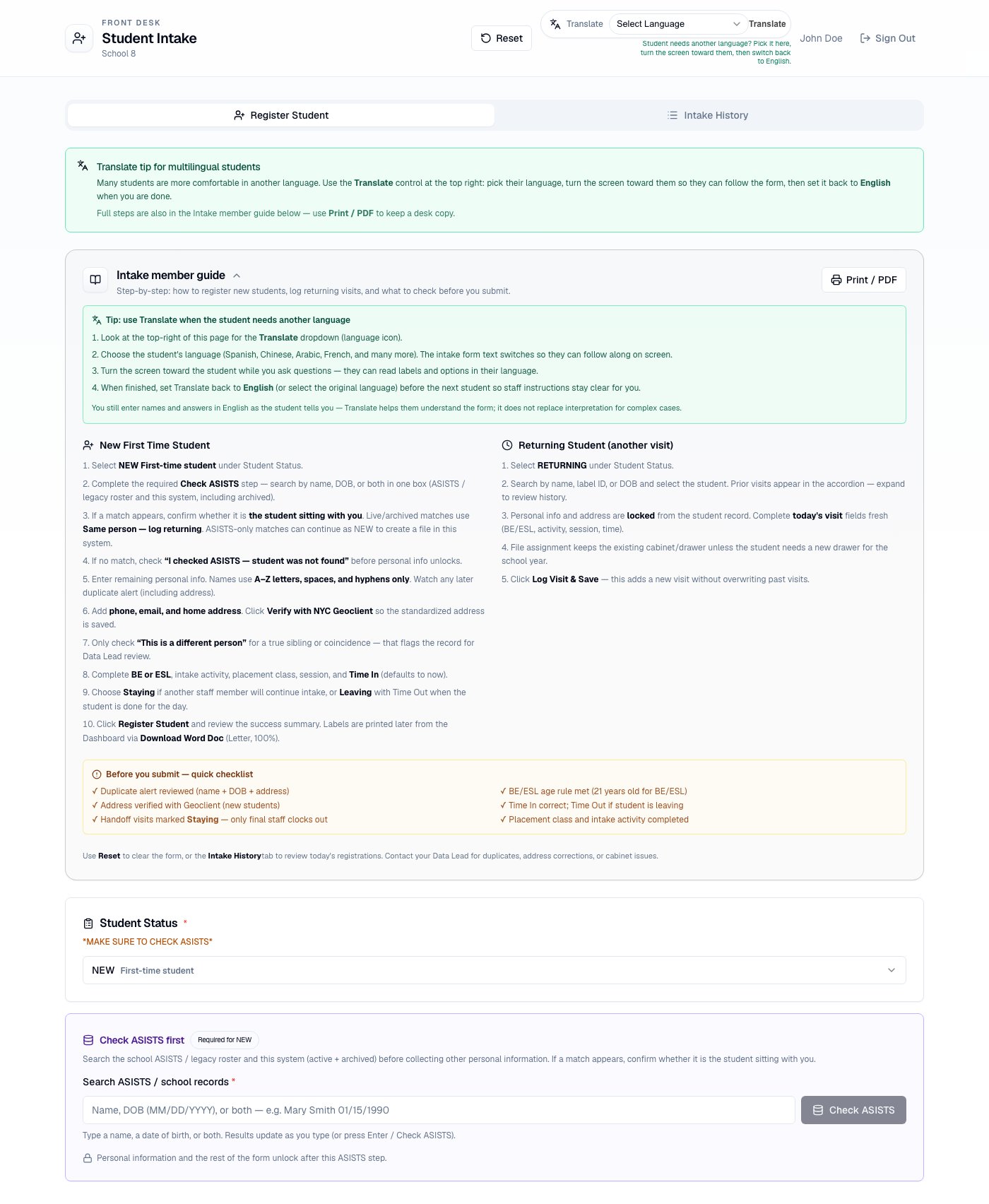 Student Intake form