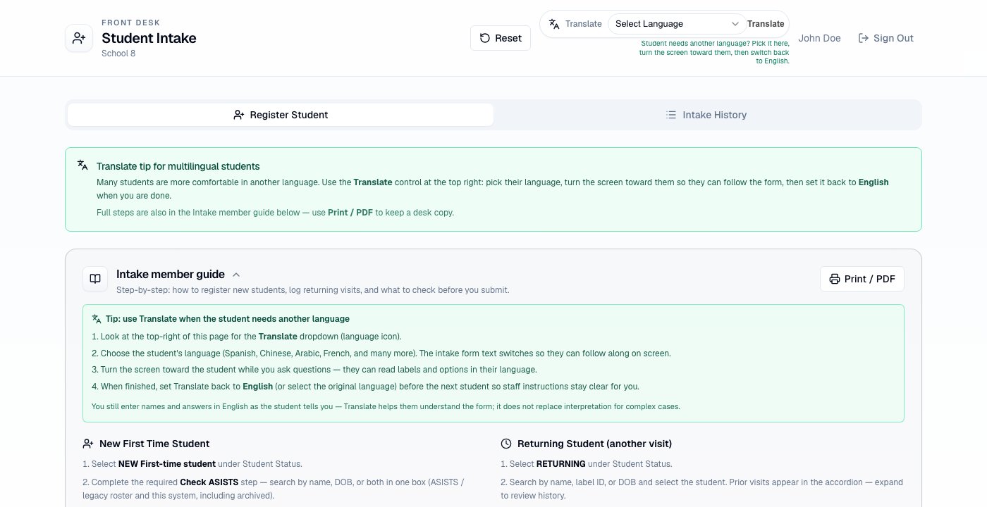 Intake page with green Translate tip banner and Translate control