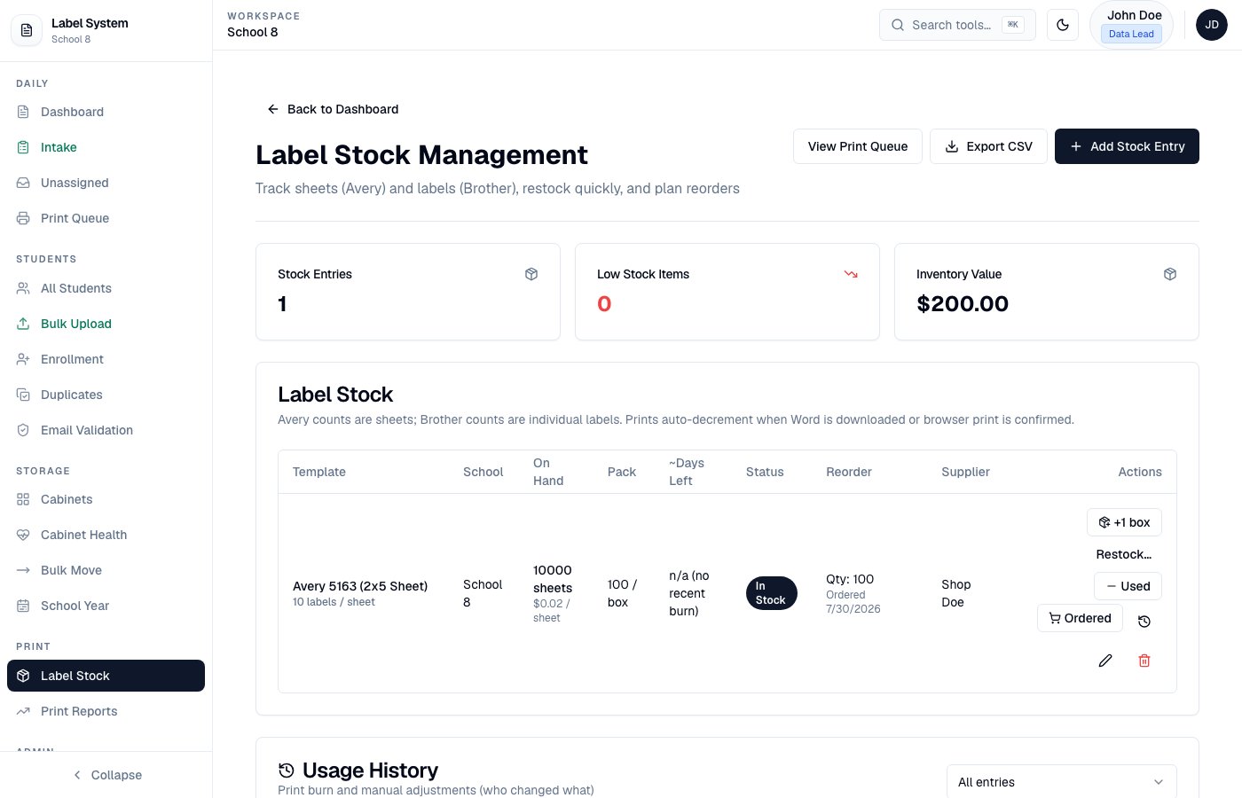 Label Stock Management admin page