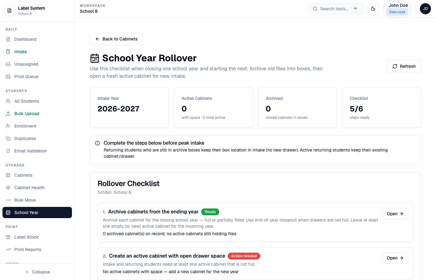 School Year Rollover page with checklist and ready status