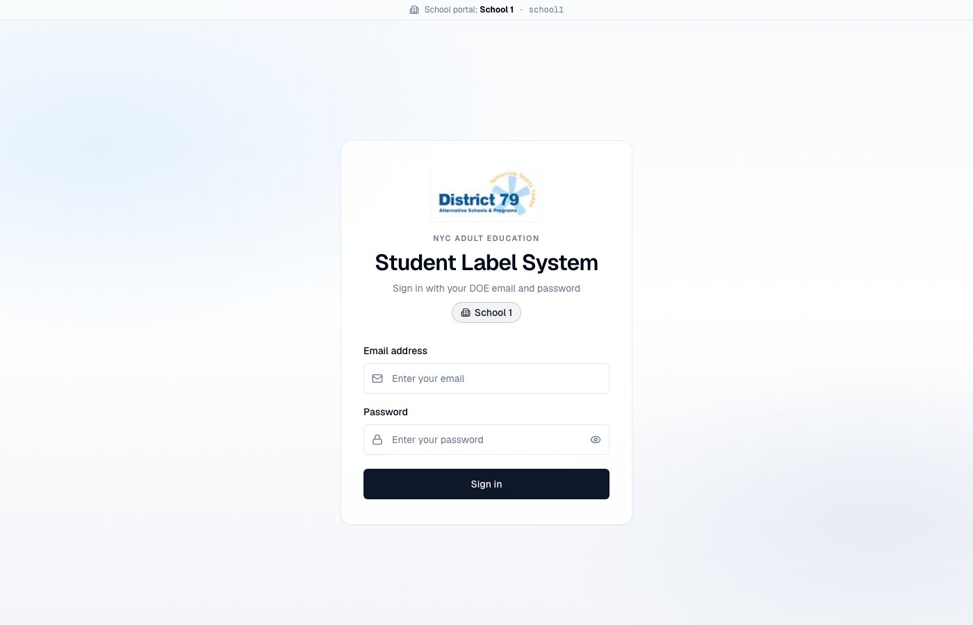 Sign-in page on school1.nycadultedlabels.nyc with school badge