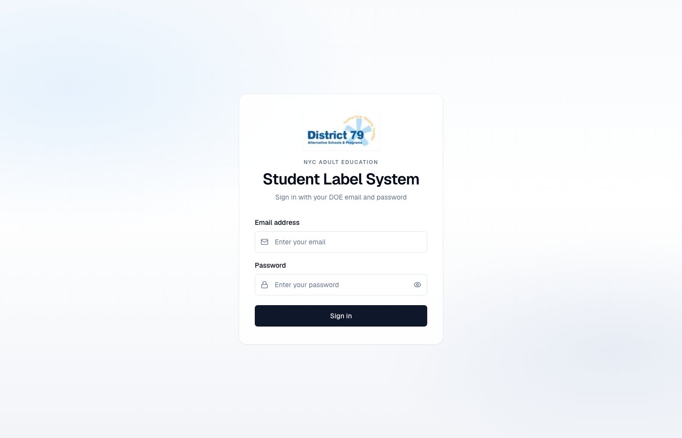 Student Label System sign-in page on nycadultedlabels.nyc