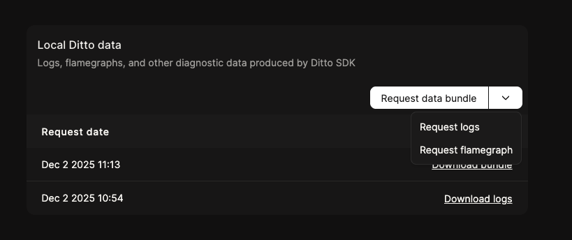 Local Ditto data section with Request logs option