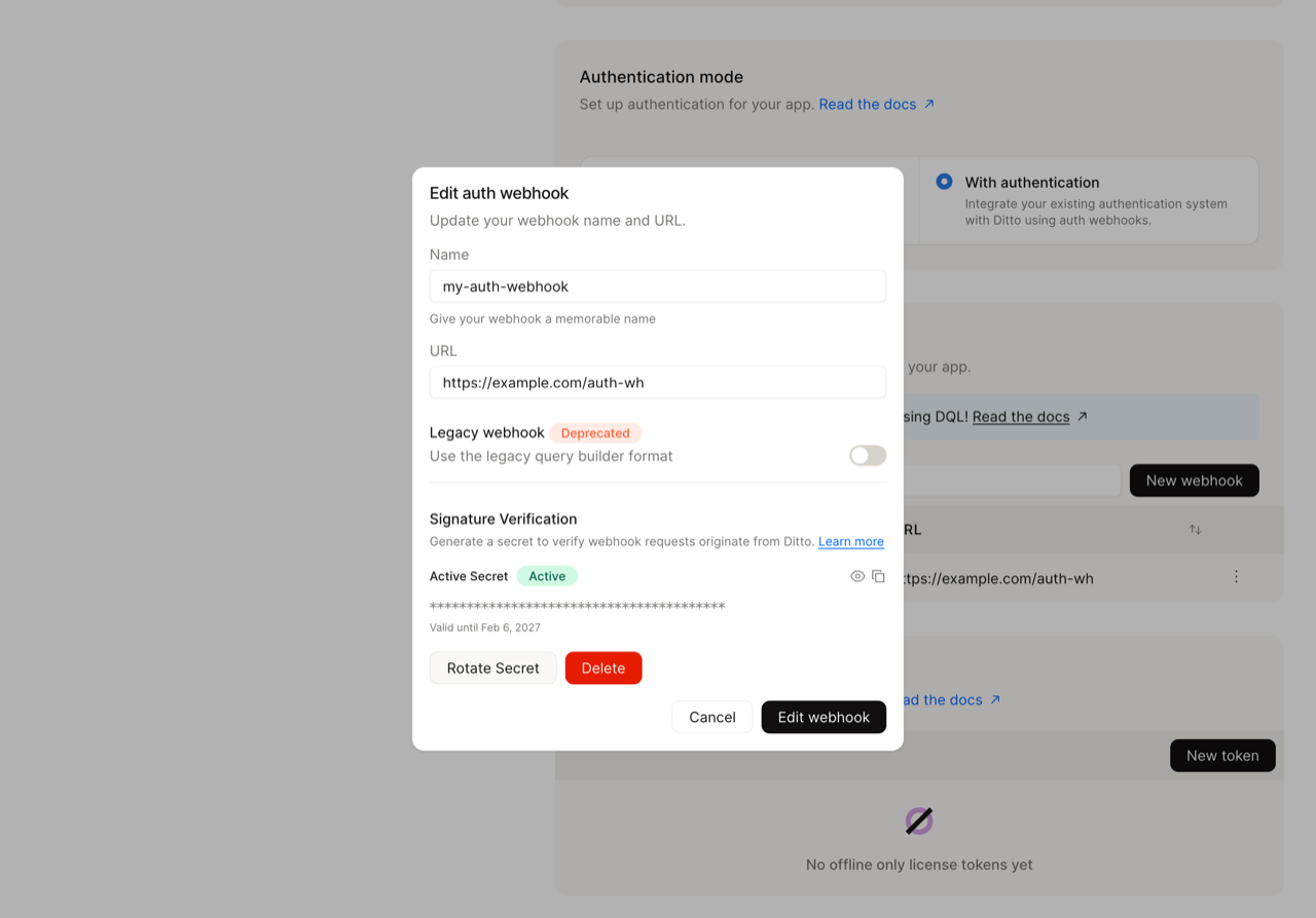 Active webhook secret in portal