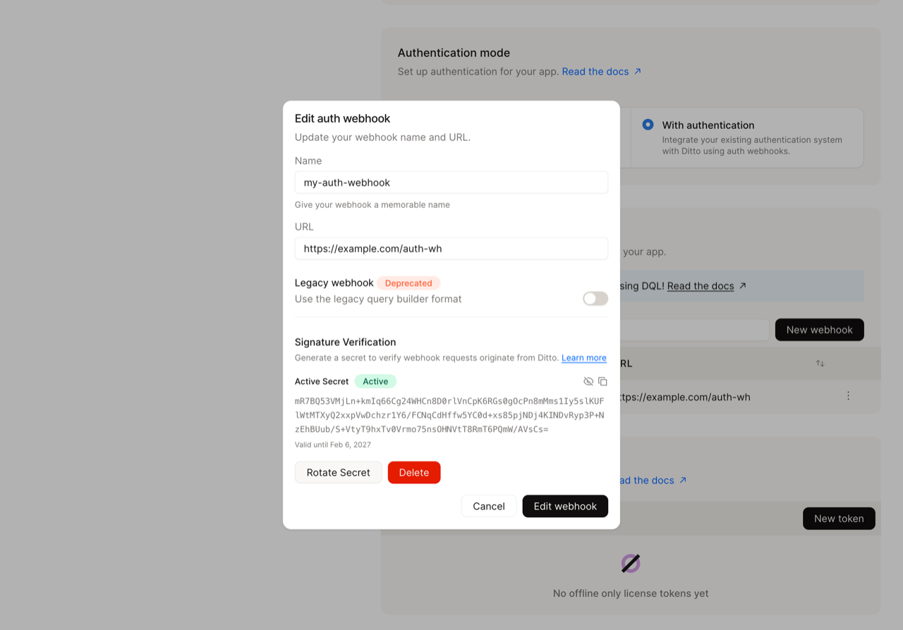 Revealed webhook secret with copy button