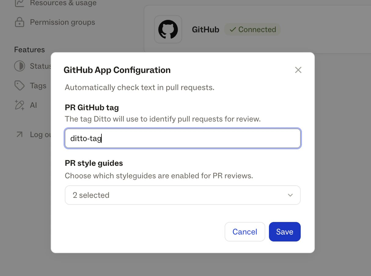 GitHub app configuration in Ditto