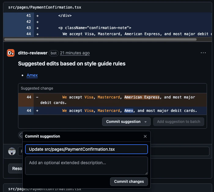 Committing a Ditto suggestion in GitHub