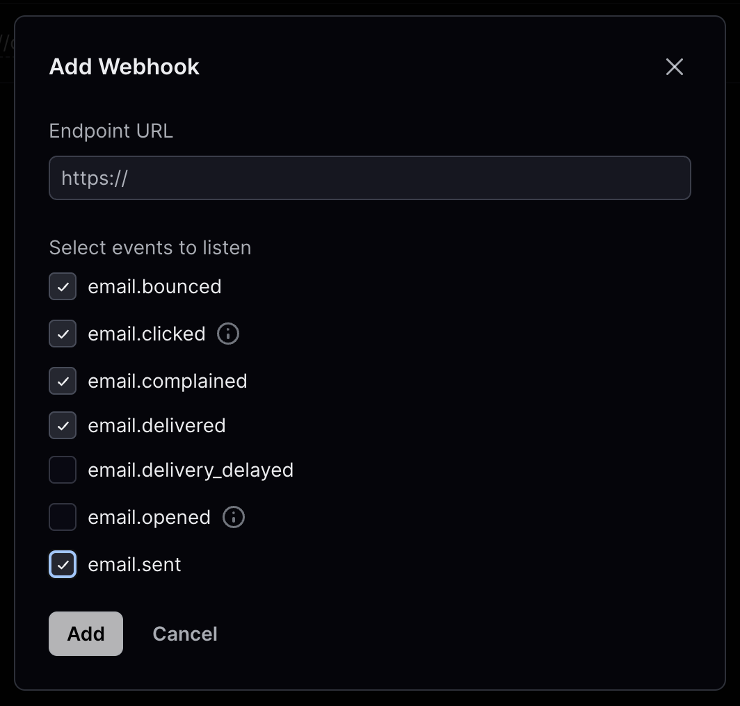 Resend Webhook Settings