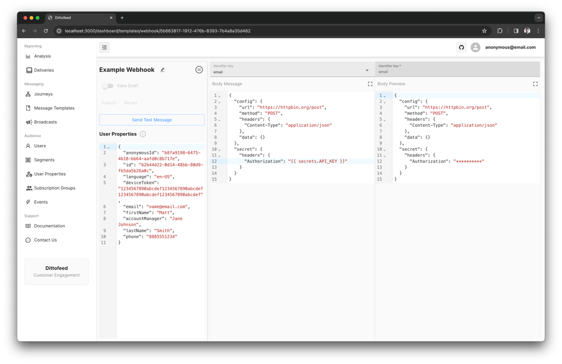 Webhook Template Editor - Dittofeed