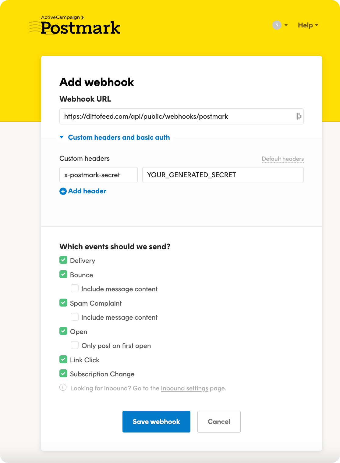 Postmark Add Webhook