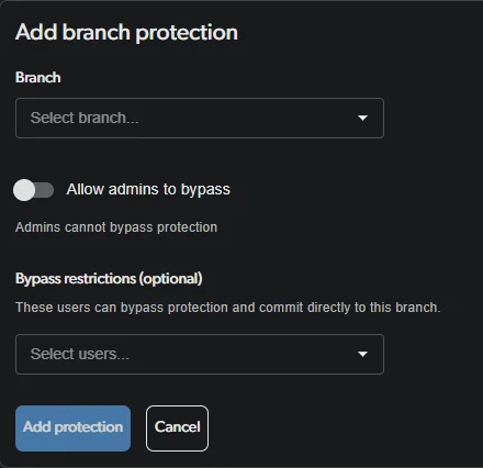 Add branch protection form showing the Allow admins to bypass toggle and Bypass restrictions