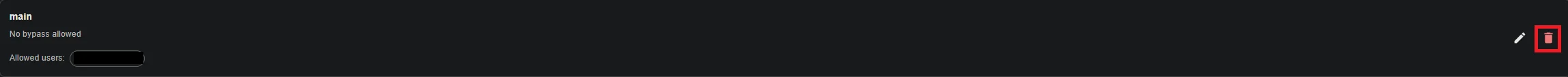 An existing branch protection rule for main, with edit (pencil) and delete (trash) controls